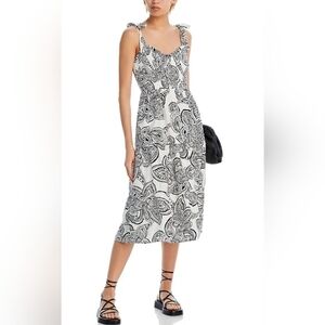 Aqua Smocked Tie Shoulder Midi Dress- In Black & White